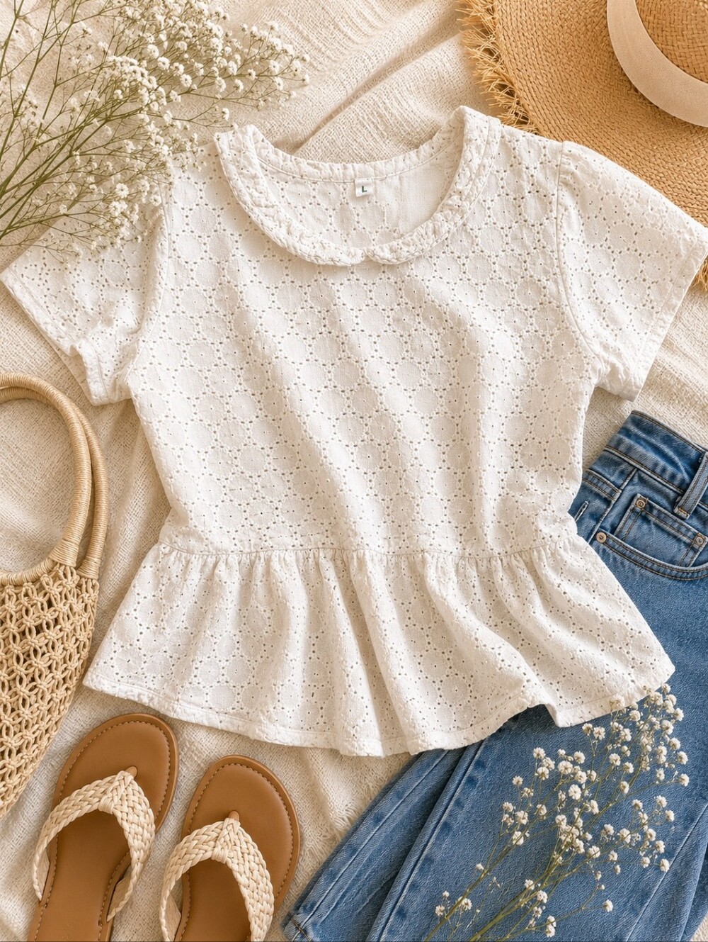 White Eyelet Peplum Blouse Size Large Cottagecore Boho